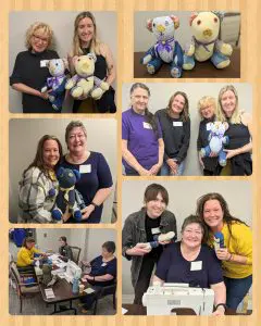 TeddyBear Workshop. 6 different pictures of familes with their bear made out of loved ones clothing