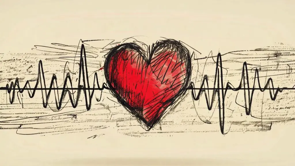a drawing of a red cartoon heart with beats running through it