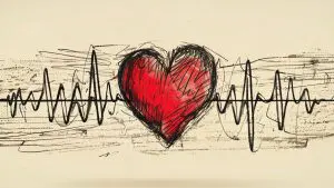 a drawing of a red cartoon heart with beats running through it