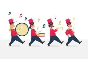 a cartoon of 4 band members marching. two on drums, one on trumpet and one leading the march