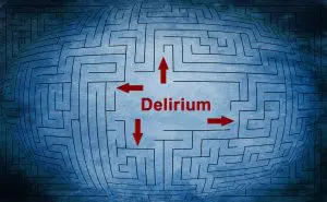 A maze with the word DELIRIUM in red and arrows going different directions