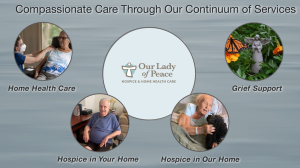 a grey box with 5 circles. Big circle in the middle reads Our Lady of Peace hospice and home health care. From the left to right the circles are home health care, hospice in your home, hospice in our home, and grief support