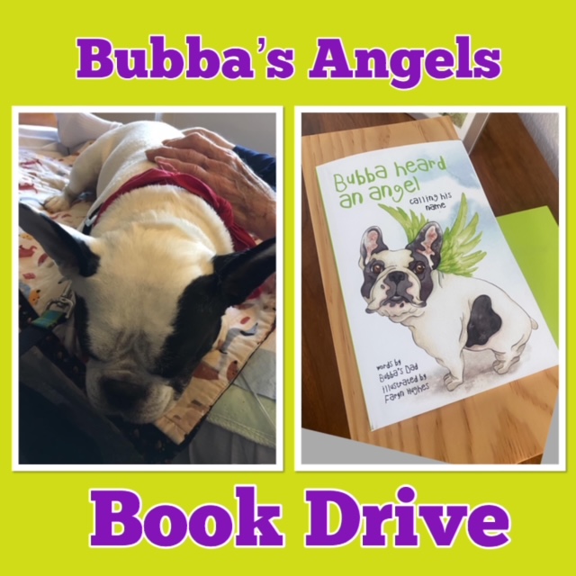 An advertisement for a book drive for Bubba Heard an Angel and a picture of Bubba resting on the lap of a patient
