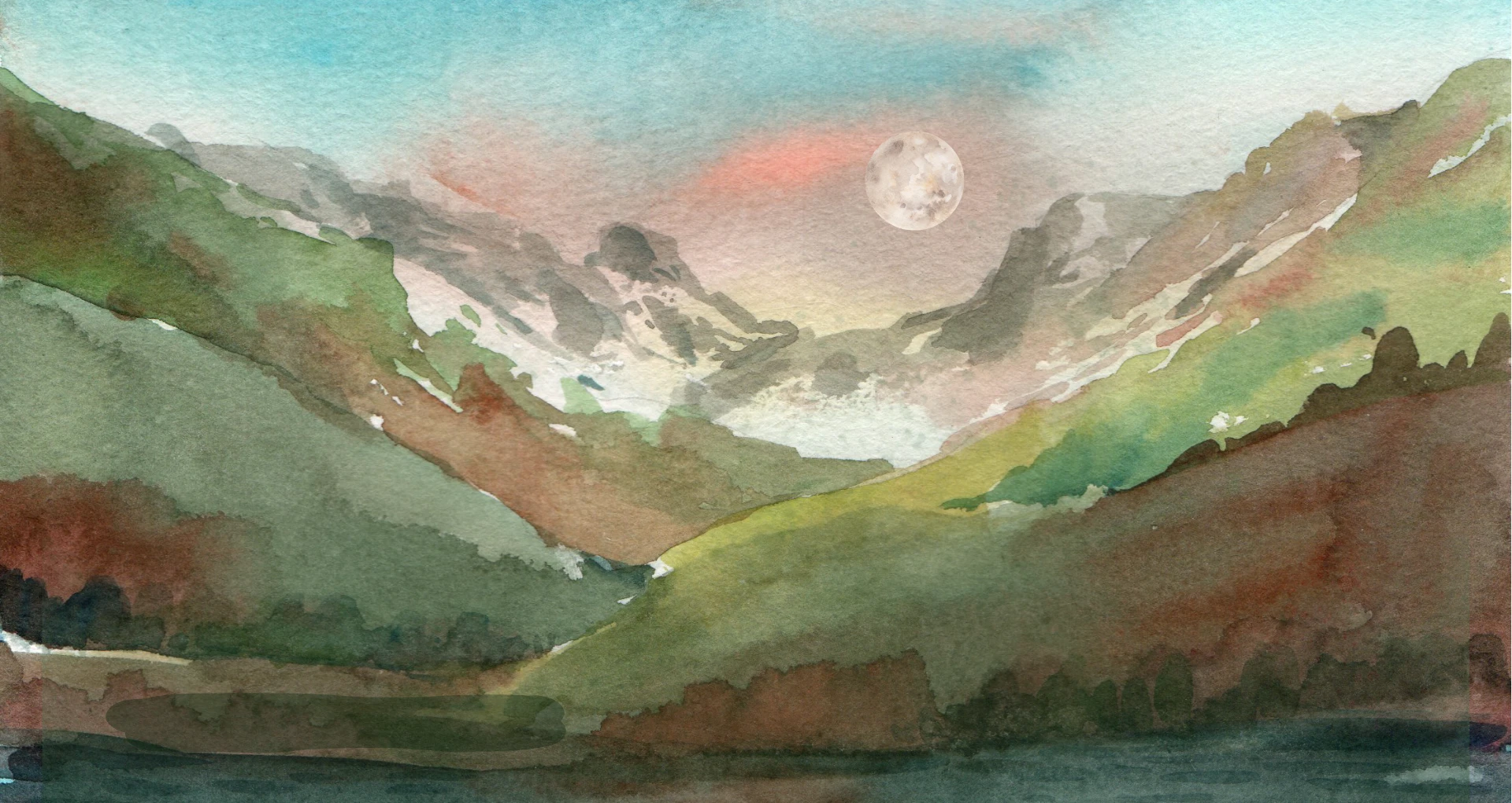 Watercolor painting of mountains and grass and blue sky