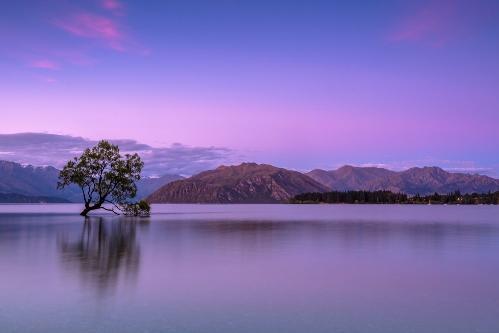 Calm lake water with a purple blue sky reflecting on the water. A solo tree and some hills and mountains touching the water and the clouds. By Ken Cheung